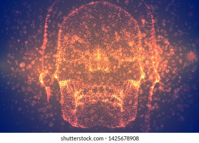 Abstract vector background with particles in the form of a human skull. orange decay