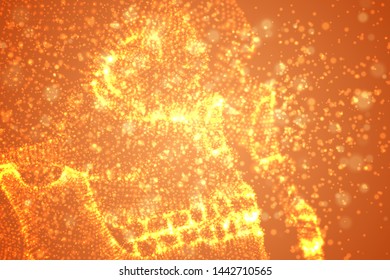 Abstract vector background with particles in the form of a human skull. orange decay