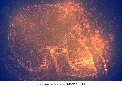 Abstract vector background with particles in the form of a human skull. orange decay