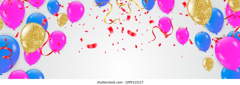 abstract vector background and Vector party balloons illustration. Confetti and ribbons flag ribbons, Celebration