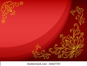 Abstract vector background, pattern: leaves, stalks and flowers on a scarlet
