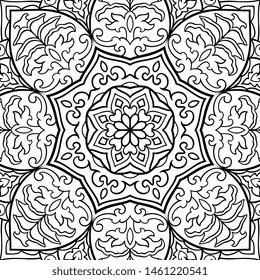 Abstract vector background. Pattern with mandala. Oriental black and white ornament. Filigree template for carpet, textile, shawl, stained glass.