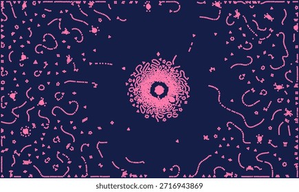 Vetor de fundo abstrato com células biológicas cor-de-rosa ou pontos de bactérias em azul escuro. Ilustração médica científica da vida microscópica e textura do vírus. Tecnologia digital design de padrão de partículas.