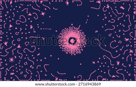 Abstract vector background with pink biological cells or bacteria dots on dark blue. Scientific medical illustration of microscopic life and virus texture. Digital technology particle pattern design.