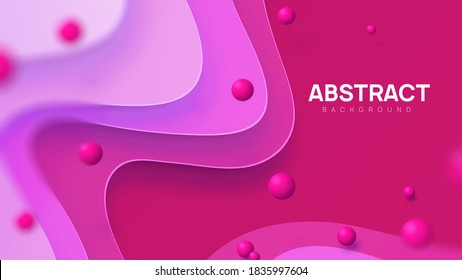 Abstract vector background in pink shades. Dynamic paper cut composition with 3d realistic balls in air. Copy space, place for your text.