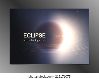 Abstract vector background. Planet with rings like Saturn in deep space passes lightbeam of a star. High technology and great scale concept.