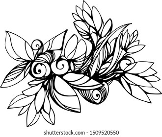 Abstract vector background with plant elements,
hand-drawn.For fabric design, postcards, paintings, decorations.Illustration for coloring. Design for spiritual relaxation 
for adults. Black and white 