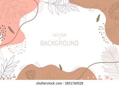 Abstract vector background with plants, leaves, spots, dots, blank white center, place for text. Flat cartoon color design isolated on white background, eps 10.