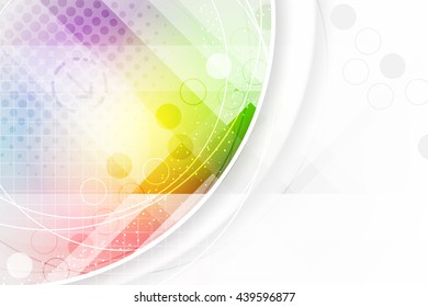 Abstract vector background in rainbow colors with circular elements, halftone effect, arrows and place for your content.