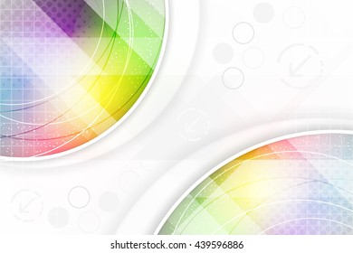 Abstract vector background in rainbow colors with circular elements, halftone effect, arrows and place for your content.