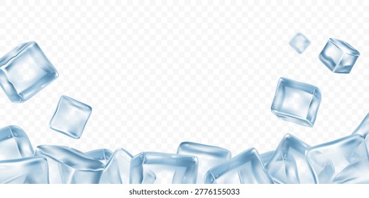 Abstract vector background with realistic translucent ice cubes scattered and forming a bottom border. Falling ice cubes. Ideal for advertising, packaging, cold drinks, seasonal design