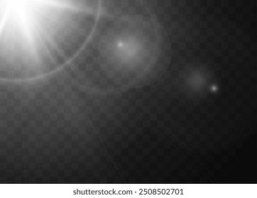 Fondo de Vector Abstractas con efecto de brillo deslumbrante de luz del sol blanco realista. Un rayo de luz brillante en la esquina. Ilustración de parte de destello de luz de estrella de rayos brillantes en transparente