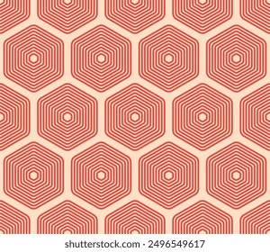 Abstract vector background. Red color on matching background. Rounded stacked hexagons mosaic pattern. Large hexagons. Seamless pattern. Tileable vector illustration.
