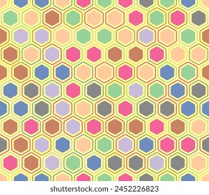 Abstract vector background. Rounded hexagons mosaic pattern with inner solid cells. Hexagonal shapes. Multiple tones color palette. Seamless pattern. Tileable vector illustration.