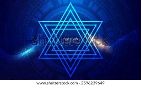 Abstract vector background with sacred geometry symbols, blue Star of David in the center on dark, glowing neon lines, futuristic elements.Used for web banner, or presentation template.