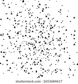 Abstract vector background with scattered black triangles on white canvas, creating a dynamic and chaotic geometric pattern for modern design or visual texture