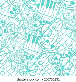 Abstract vector background. Seamless pattern with waves, notes, music, curls, doodles, strips. Illustration can be used as a template for web pages, design element for packaging and postcards.