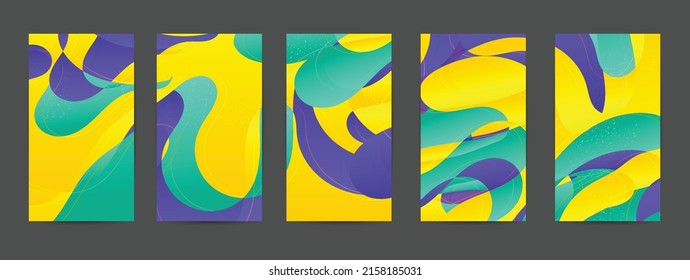 Abstract vector background set with bright gradient wavy organic overlapping shapes grunge textured. Disco music 80’s poster design. Blog post frame or border. Background booster.