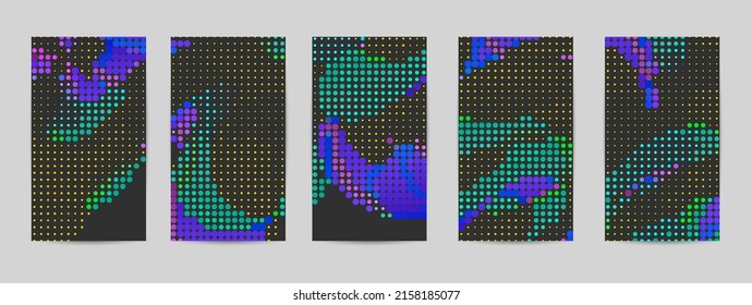 Abstract vector background set with bright colorful dots on dark background. Disco music 80’s poster design. 