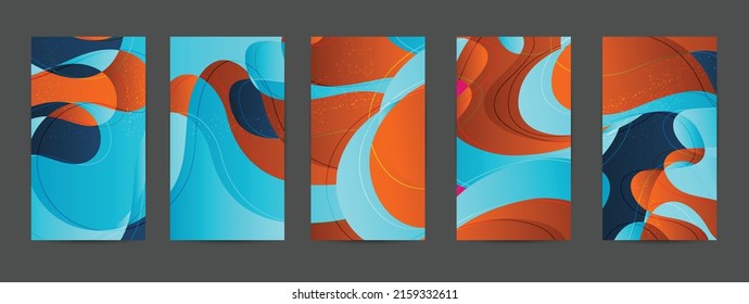 Abstract vector background set with bright gradient wavy organic overlapping shapes grunge textured. Disco music 80’s poster design. Blog post frame or border. Background booster.