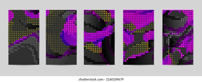 Abstract vector background set with bright colorful dots on dark background. Disco music 80’s poster design. 