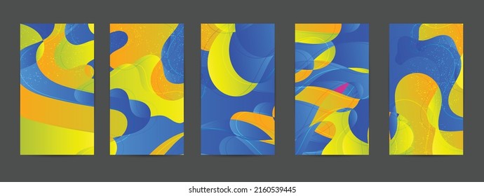 Abstract vector background set with bright gradient wavy organic overlapping shapes grunge textured. Disco music 80’s poster design. Blog post frame or border. Background booster.