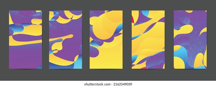 Abstract vector background set with bright gradient wavy organic overlapping shapes grunge textured. Disco music 80’s poster design. Blog post frame or border. Background booster.
