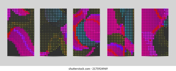 Abstract vector background set with bright colorful dots on dark background. Disco music 80’s poster design. 
