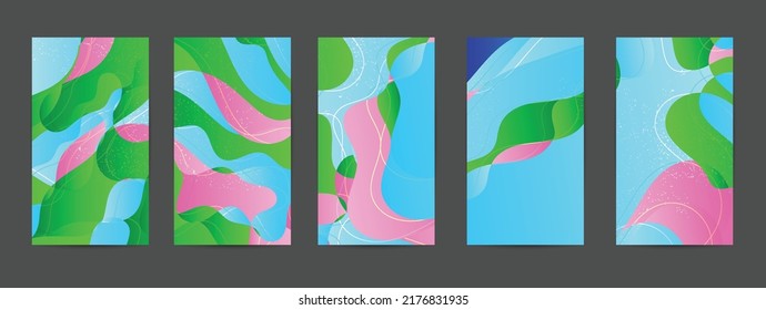 Abstract vector background set with bright gradient wavy organic overlapping shapes grunge textured. Disco music 80’s poster design. Blog post frame or border. Background booster.