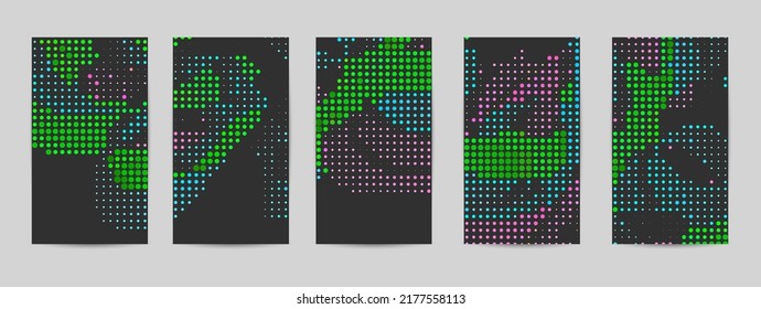 Abstract vector background set with bright colorful dots on dark background. Disco music 80’s poster design. 