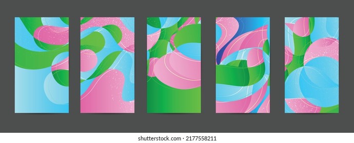 Abstract vector background set with bright gradient wavy organic overlapping shapes grunge textured. Disco music 80’s poster design. Blog post frame or border. Background booster.