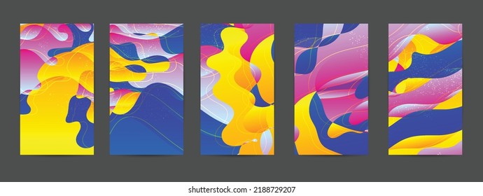 Abstract vector background set with bright gradient wavy organic overlapping shapes grunge textured. Disco music 80’s poster design. Blog post frame or border. Background booster.