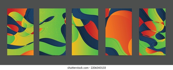Abstract vector background set with bright gradient wavy organic overlapping shapes grunge textured. Disco music 80’s poster design. Blog post frame or border. Background booster.