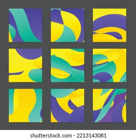 Abstract vector background set with bright gradient wavy organic overlapping shapes grunge textured. Disco music 80’s poster design. Blog post frame or border. Social media booster.