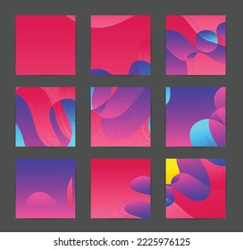 Abstract vector background set with bright gradient wavy organic overlapping shapes grunge textured. Disco music 80’s poster design. Blog post frame or border. Social media booster.