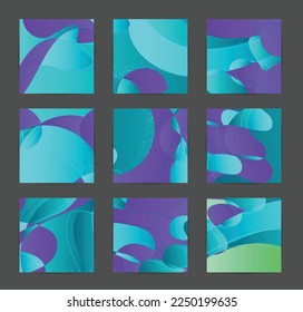 Abstract vector background set with bright gradient wavy organic overlapping shapes grunge textured. Disco music 80’s poster design. Blog post frame or border. Social media booster.