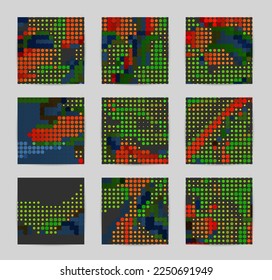Abstract vector background set with bright colorful dots on dark background. Disco music 80’s poster design. 