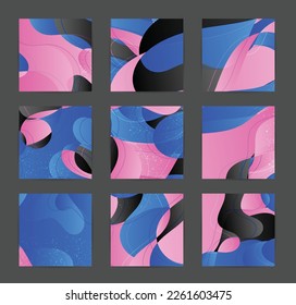 Abstract vector background set with bright gradient wavy organic overlapping shapes grunge textured. Disco music 80’s poster design. Blog post frame or border. Social media booster.