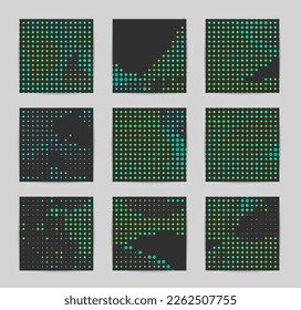 Abstract vector background set with bright colorful dots on dark background. Disco music 80’s poster design. 