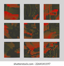 Abstract vector background set with bright colorful dots on dark background. Disco music 80’s poster design. 