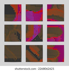 Abstract vector background set with bright colorful dots on dark background. Disco music 80’s poster design. 