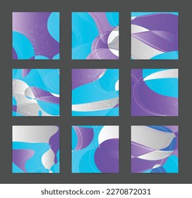 Abstract vector background set with bright gradient wavy organic overlapping shapes grunge textured. Disco music 80’s poster design. Blog post frame or border. Social media booster.