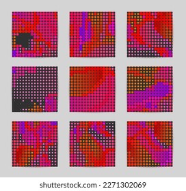 Abstract vector background set with bright colorful dots on dark background. Disco music 80’s poster design. 
