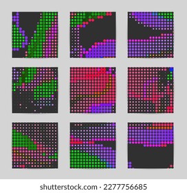 Abstract vector background set with bright colorful dots on dark background. Disco music 80’s poster design. 