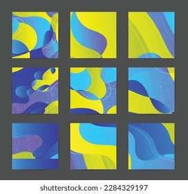 Abstract vector background set with bright gradient wavy organic overlapping shapes grunge textured. Disco music 80’s poster design. Blog post frame or border. Social media booster.