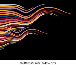 The abstract vector background of sharp pointed lines with colourful colours that are fluttering on black background.