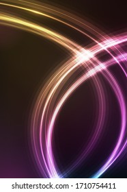 Abstract vector background with shiny swirl on black. Neon glow effect in retro style of 1980. Luxury template for web banner or business card design. Place for text. 