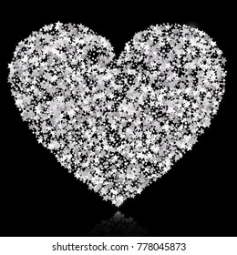 Abstract vector background with silver stars and a shape of a heart. Silver sparkles isolated on black background. Design for wedding card, valentine card.