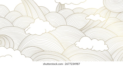 Abstract vector background, soft wavy lines, golden ornaments, flowing oriental patterns, Japanese and Chinese art. Elegant minimal style, luxury design, posters, frames