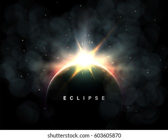 Abstract vector background with a solar eclipse or planetary collision. Large flash or explosion with dust and red glow.